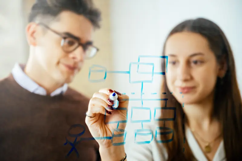 Two colleagues sketch a process diagram on a glass wall.