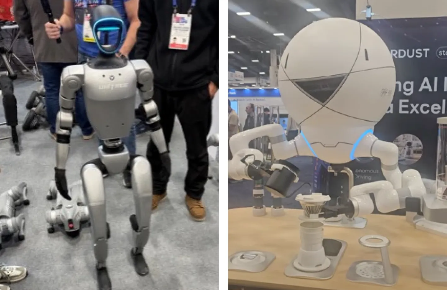 Two robots on the CES 2025 show floor: a humanoid robot standing among visitors, and a two-armed robot pouring coffee.