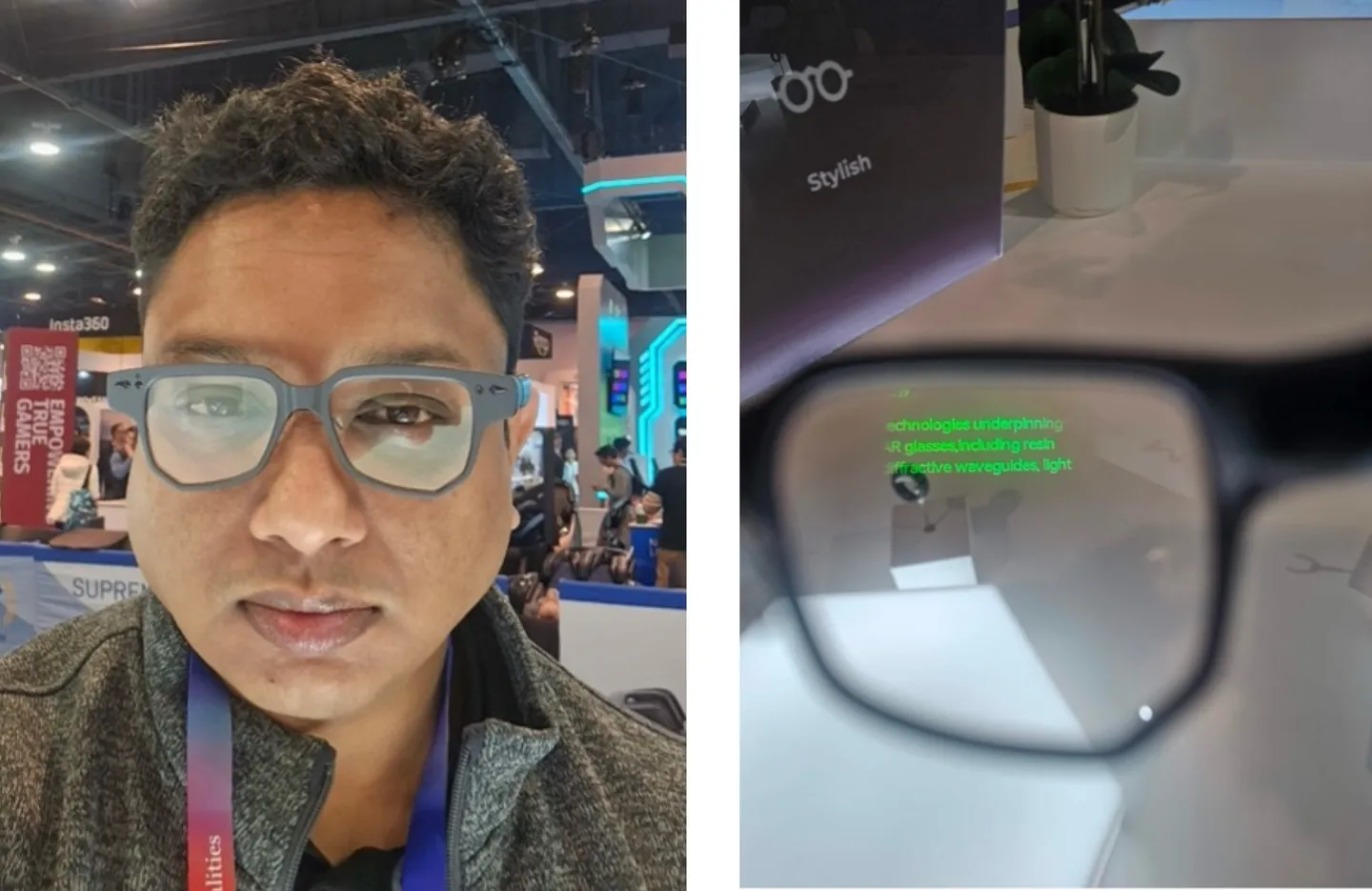 Left: an Electric Mind colleague wearing mixed-reality smart glasses at CES 2025. Right: the view through the glasses, with green text projected on the lens.