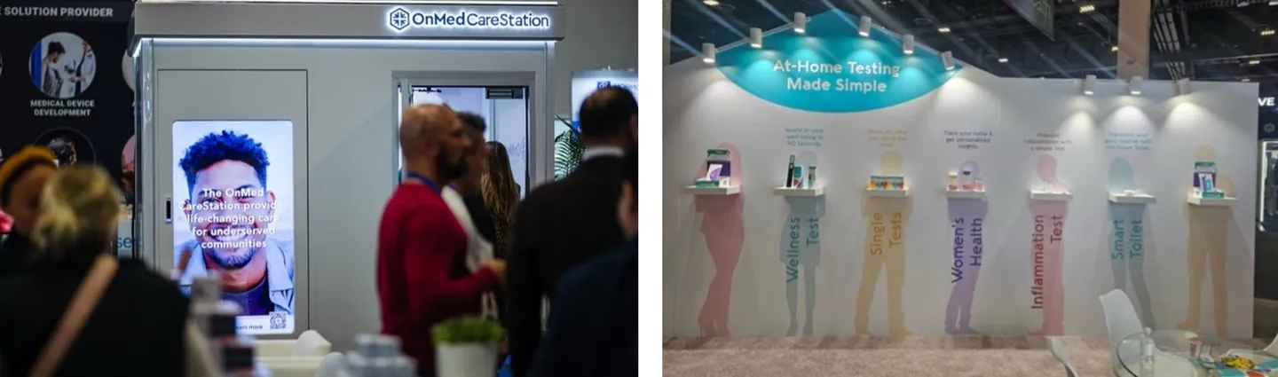 Health technology at CES 2025: a walk-in telehealth booth, and a display of at-home testing products.