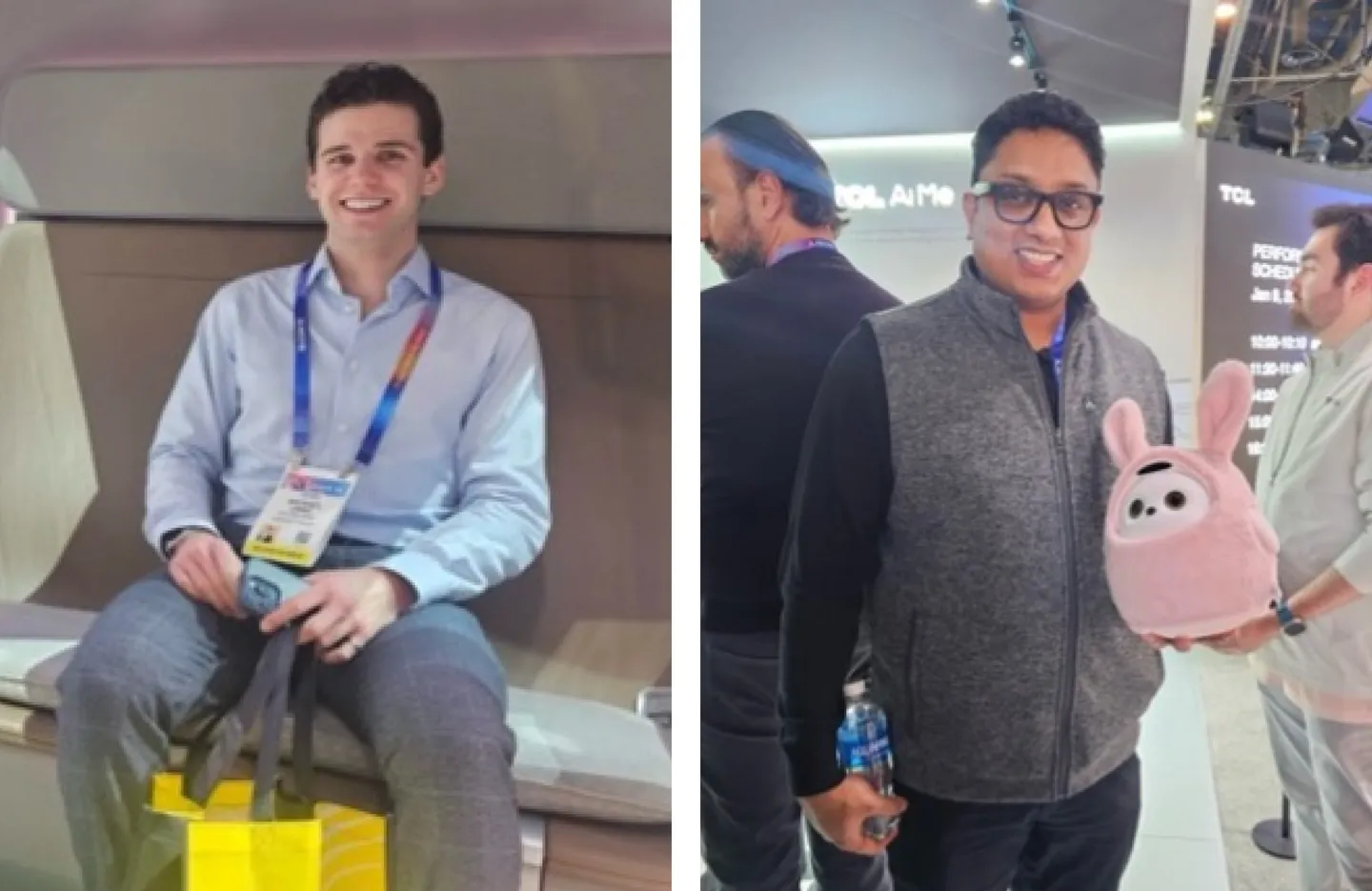 Electric Mind colleagues at CES 2025, one seated in a concept vehicle interior and one holding a pink companion robot with rabbit ears.